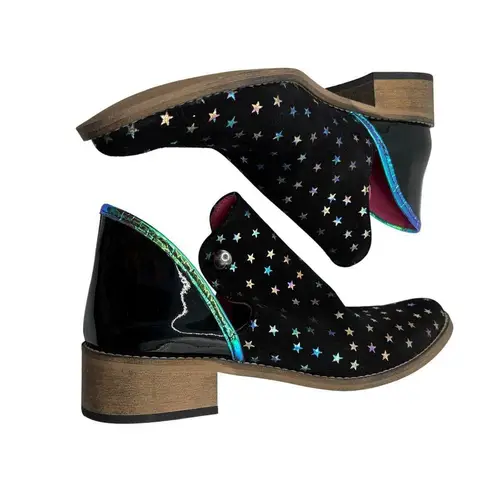 Chanii B Zippette Black Foil Star Ankle Boot Suede Blue Purple Green Bootie 36 Size 5.5