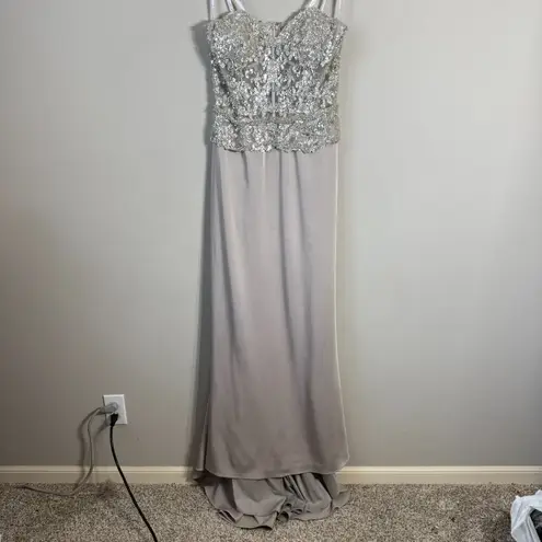 NWOT Montage by Mon Cheri Strapless Beaded Satin Gown Womens 12 Champage Sheer Silver