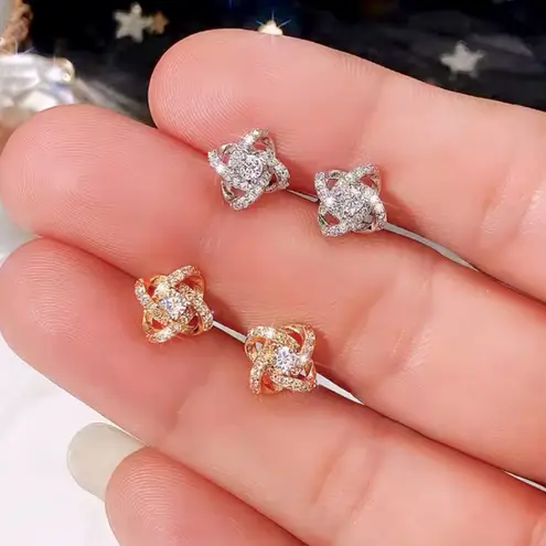 Boutique Sparkly White Gold Plated S925 Knot Simulated Diamond Stud Earrings, 0.8cm