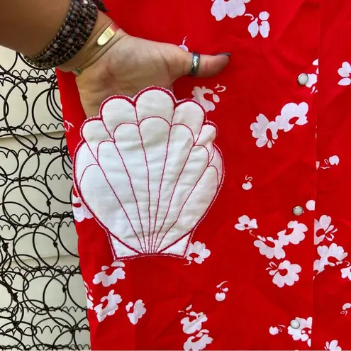 Vintage Red White Cherry Blossom Seashell Pocket Night Dressing Gown Robe SMALL