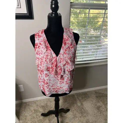 Intermix Red White Floral Silk Ruffle Sleeveless Blouse Top Size Small