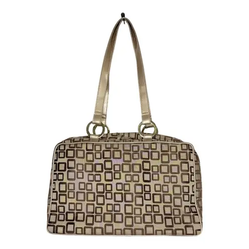 Travel Bag Geometric Tote Bag with Cosmetic Bag and Clear Pouch Like New 17x11 Tan