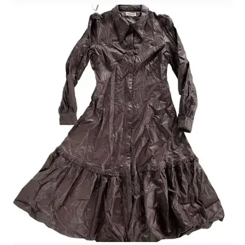 Nicholas Dress Womens 6 Brown Larisa Faux Leather Midi Button Front Ruffle Hem