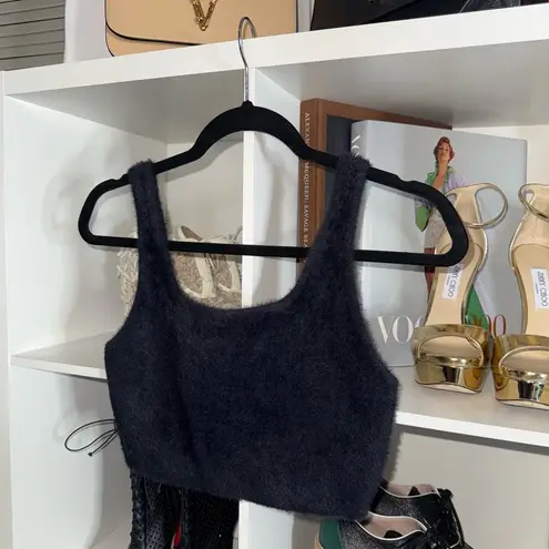 Babaton Aritzia Fuzzy Knit Cropped Tank Top Navy Scoop Neck Womens Medium EUC