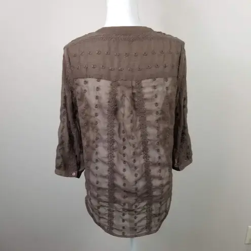 Olive & Oak Sheer Brown 3/4 Sleeve Embroidered Blouse Womens S