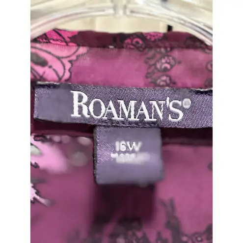 Roaman's Plum/Pink Paisley Chiffon V Neck Crochet Button 3/4 Sleeve 16W Pleated Purple