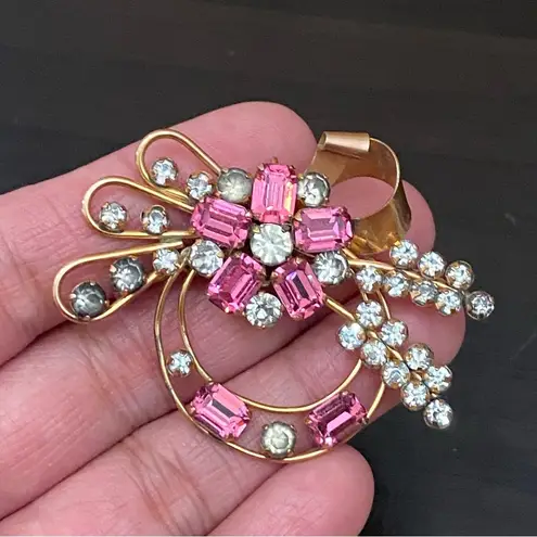 GF Vintage STAR-ART 1/20 12K  Art Deco Pink Flower Rhinestones Pendant Brooch