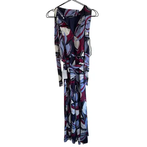 Eliza J Print Tie Waist Wide Leg Jumpsuit 4 Floral Purple Burgundy High Neck