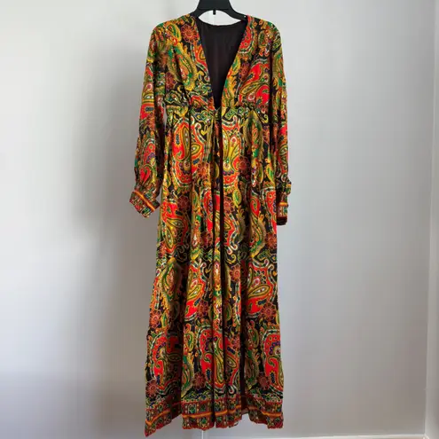 VTG sz 8 Paisley 60s Retro 70s Long Sleeve Red Yellow Boho Wide leg Jumpsuit