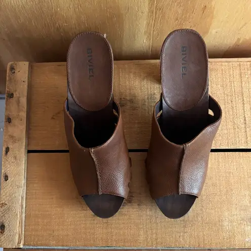 Biviel Brown Leather Western Mule Clog Peep Toe Wooden Heels Sz Size 9
