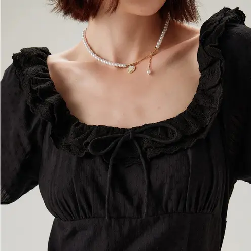 Rihoas Black Embroidery Puffed Sleeve Maxi Dress Size L