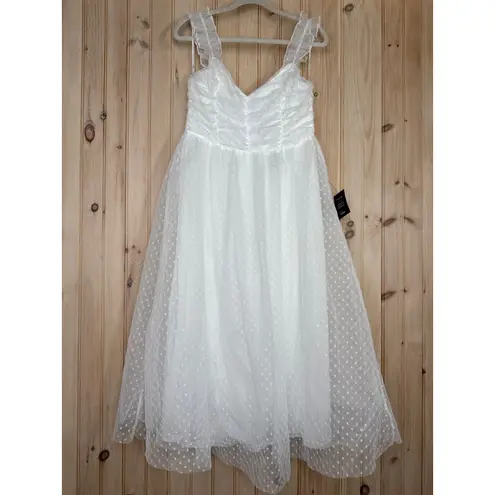 NWT Lulus Forever Celebrated White Swiss Dot Ruched Tulle Midi Dress Size L Size L