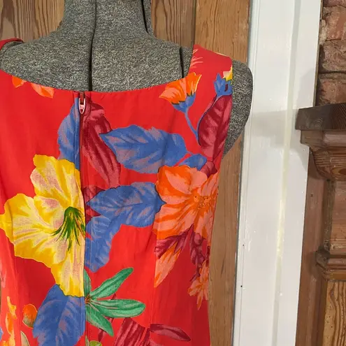 Vntg 90s K.C. Spencer New York Square Neck Bold Tropical Floral Sun Dres Sz S Red