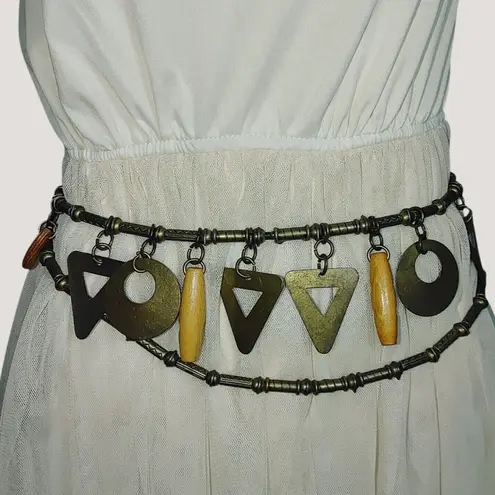 Geometric Shape Charm Belt Vintage Brass Wood Versatile Adjustable Chain Closure Size 36