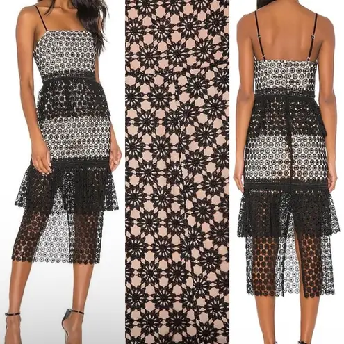 NBD  Dolores Midi Dress in Black Revolve Lace Nude Black Tiered X-Small XS