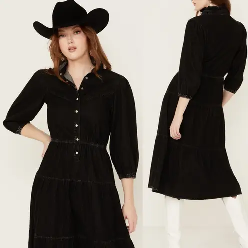 Driftwood Long Sleeve Tiered Denim Midi Dress Western Boho Bohemian Black