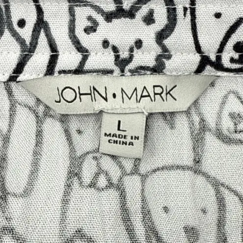 John Mark Button Down Short Sleeve Shirt Large White Black Dog Cat Print Tunic