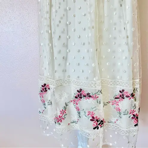 Polagram Cream Yellow Polkadot Embroidered Floral Tulle Short Sleeve Dress.