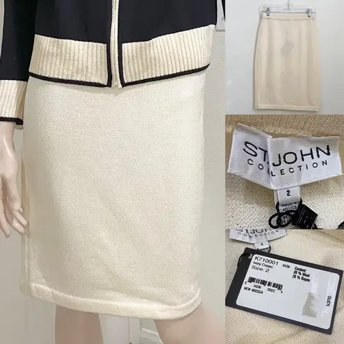 St. John Vintage Black/ Ivory Cream Wool Blend Jacket Skirt Set 2/S