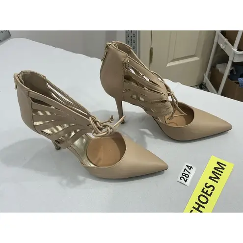 Womans Bcbg Generation Delphina Size 9 M Beige Strappy Laces Zip Heel Pumps Tan