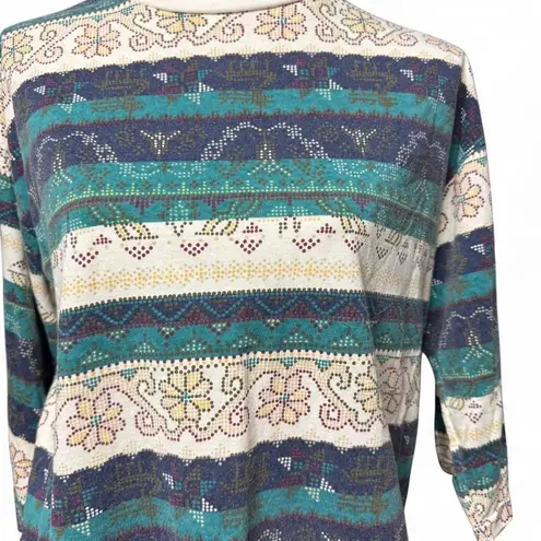 Vintage Penny Lane Boho Floral Stripe Knit Top Women's Medium 90s Retro Rare Blue