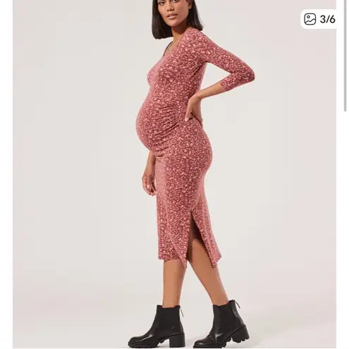 Pact Organic Cotton Midi Maternity Dress Floral Pink Size S baby shower