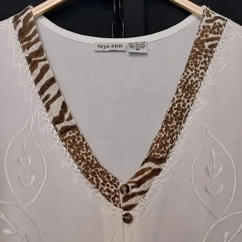 Raya Sun White Brown Button Front Floral Embroidery Animal Print Mini Swim Dress