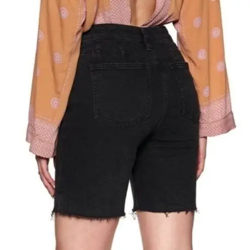 Free People Black Ash Denim Avery Raw Hems High Rise Bermuda Jean Shorts