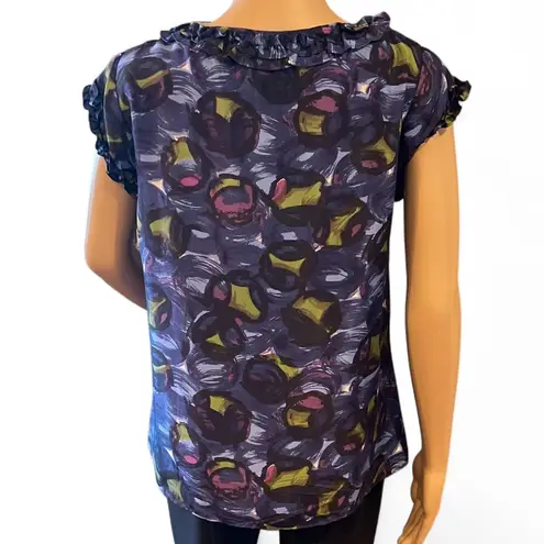 Boden USA NWOT! Boden SILK Abstract Blue Sleeveless Blouse Top Ruffled Neck Lined Size 8