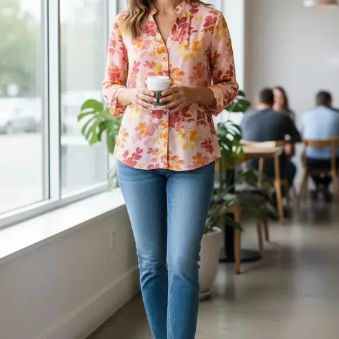 Women's Pink Yellow Floral Top Shirt Plus Investments Women 1X Flirty Fun Casual