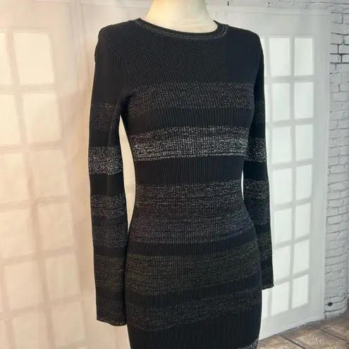 John + Jenn Black and Silver Grey Striped Ribbed Bodycon Long Sleeve Dress Size