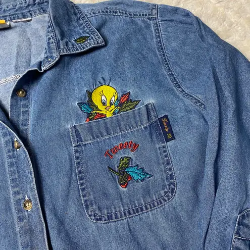 Looney Tunes 90s Vintage Tweety Bird  Denim Button Down