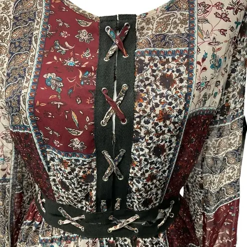 Hommage Women's Patchwork Long Sleeve Mini Dress Size Medium Red Black Tan