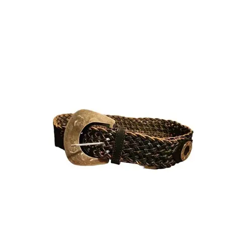 90s Vintage Womens 100% Leather Chunky Braided Elephant Engraved Belt sz M/L Brown