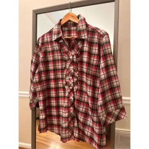 Long Sleeve Plaid Button‎ Up Shirt Size Large Red