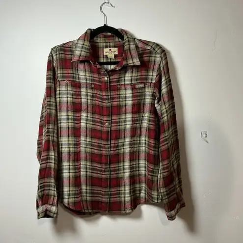 Woolrich Womens Plaid Flannel Shirt Red Tan Green Long Sleeve Casual Size Medium