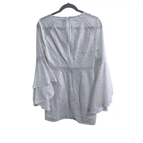 CeCe White Eyelet Fabric Large Bell Sleeves Ruffled Cuffs Mini Dress Size 10