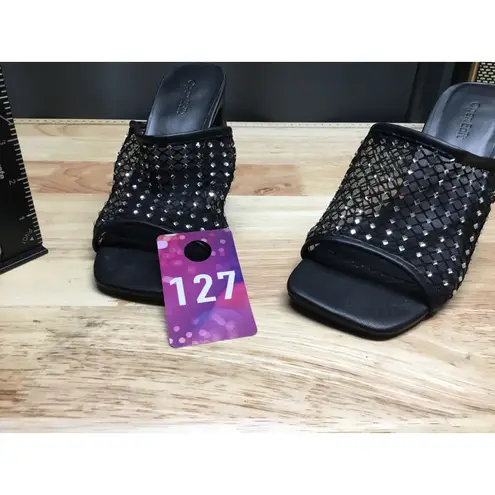 Open Edit Slide Sandals Women's 7 Black Mesh Rhinestones High Block Heels Preppy