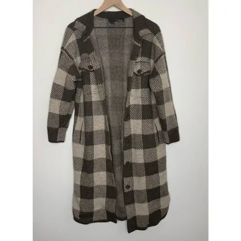 360 SWEATER Indigo Plaid Midi Shirt Dress In Mocaquinoa Small Alpaca Wool Brown