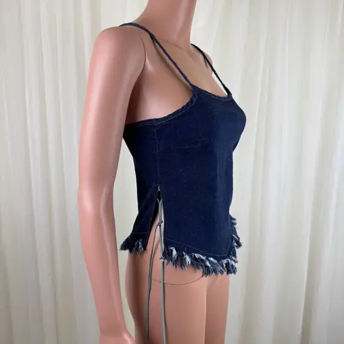 Y2K Clothes Compact Frayed Hem Spaghetti Strap Denim Jeans Top Size Medium Blue