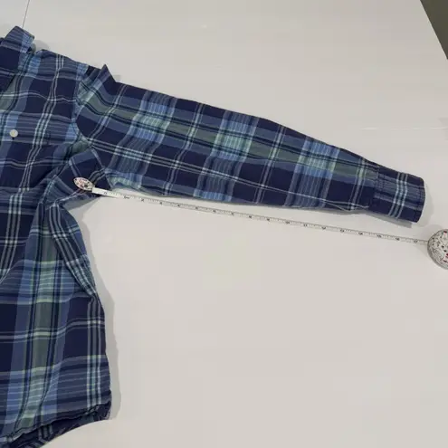 LL Bean Womens Blue Plaid Madras Cotton Button Up Shirt Size LARGE