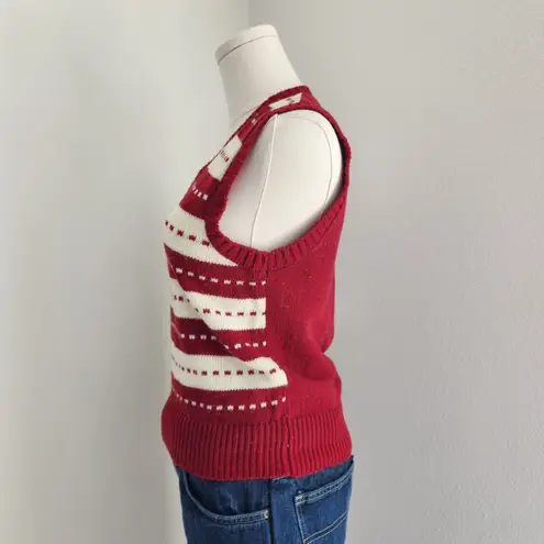 Vintage 70s Classic Casuals Red White Knit V Neck Sleeveless Sweater Vest XS