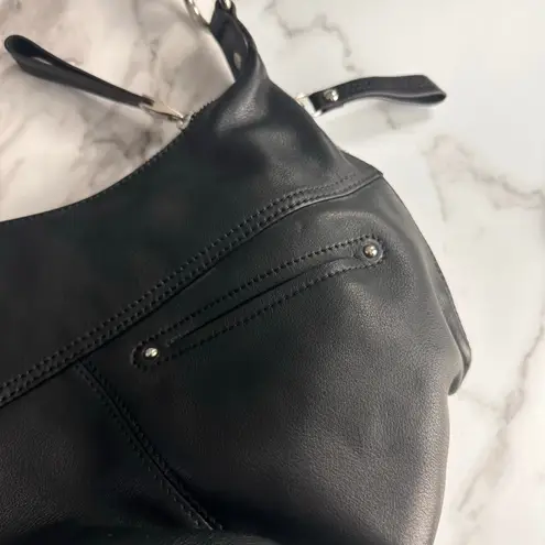 Vintage B Makowsky Y2K Studded Leather Shoulder Bag Black Gold Silver Fringe