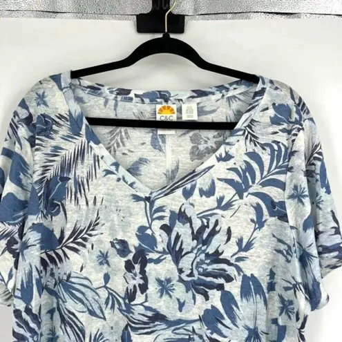 C&C California Women's Linen Floral Leaf Print Short Sleeve Top Blue Size 2X