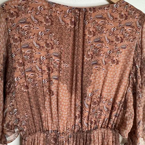 Massimo Dutti Dress Womens 8 Rust Floral Boho Maxi V Neck Sheer Lined Flowy