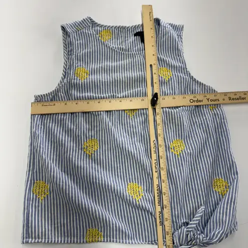 J Crew Top Womens 4 Blue White Stripe Pineapple Embroidered Tie Front Seersucker
