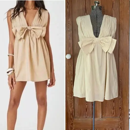 BUCKET LIST Darcy Cream Big Bow Deep V Babydoll Coquette Mini Dress