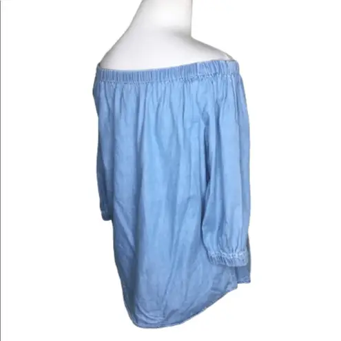 Girl Krazy Blue Off Shoulder Cotton Blend Chambray 3/4 Sleeve Top Small