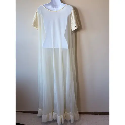 VTG 50s Ivory Sheer Peignoir Robe Nylon Chiffon Lace Satin Sleeves Maxi Long L White Size L