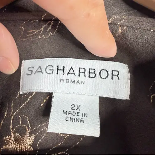 Sag Harbor Brown Floral Embroidered Blouse 3X Suede Feel Cuff Slit Casual Boho
